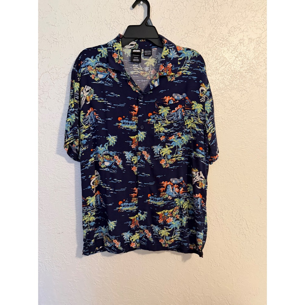 Star Wars Mandalorian Grogu Baby Yoda Hawaiian Shirt Navy Blue Mens Medium Rayon